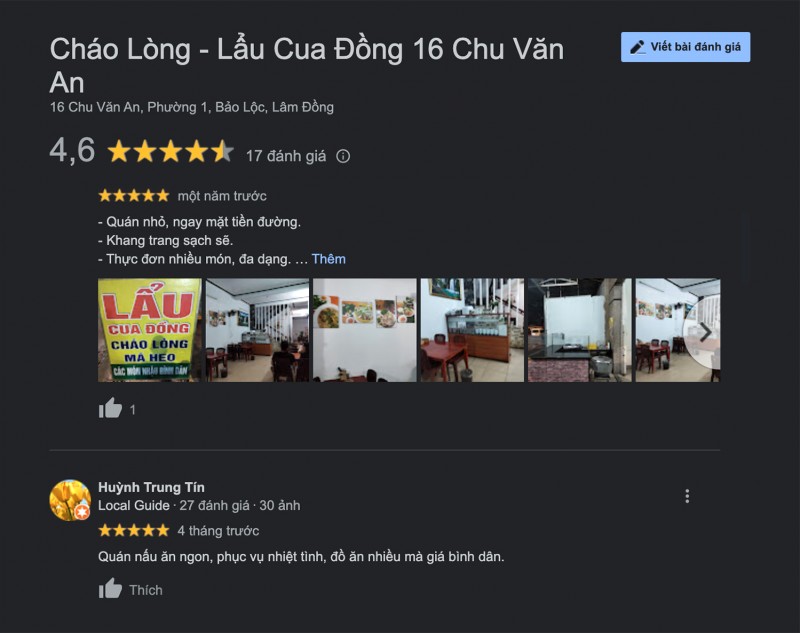 Đánh giá Lẩu Cua Đồng trên Google.