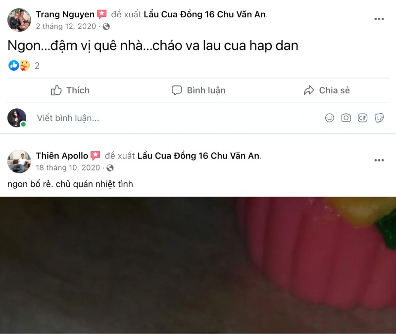 Đánh giá Lẩu Cua Đồng 16 Chu Văn An trên Facebook