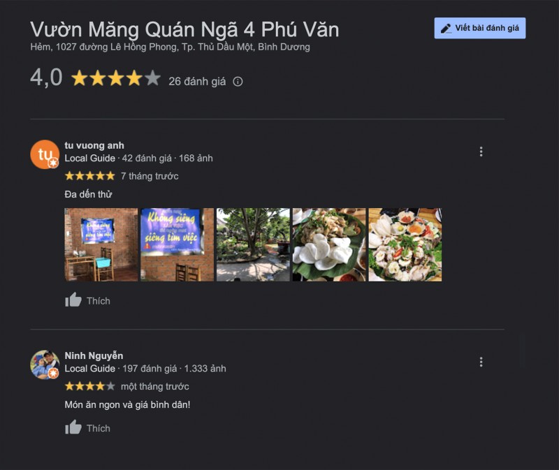 Đánh giá của thực khách trên Google