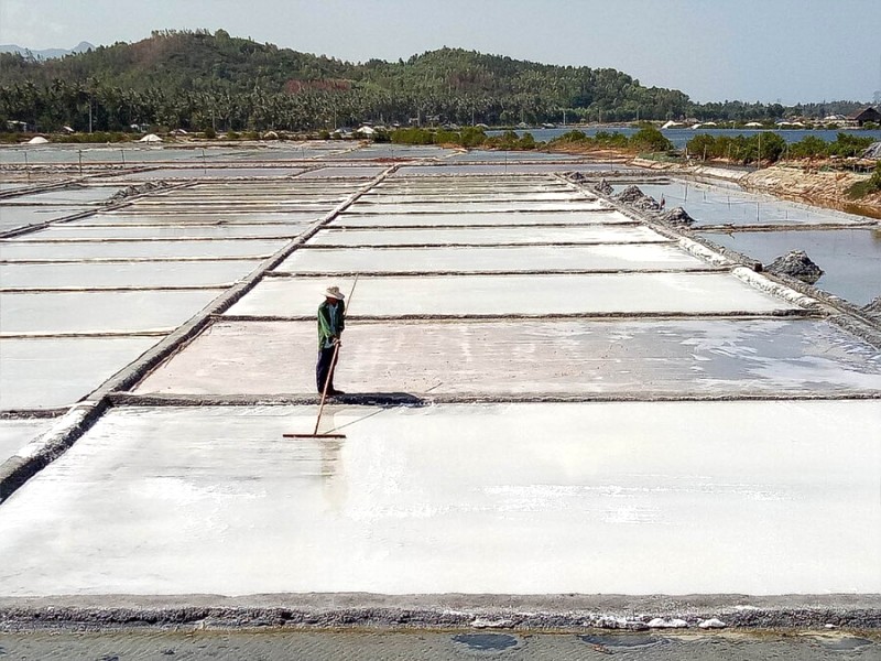 Cánh đồng muối trắng xóa, xa xa là dãy núi hùng vĩ, tạo nên bức tranh thiên nhiên tuyệt đẹp.