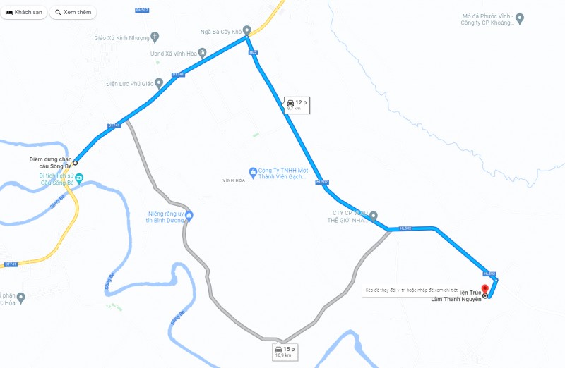Chỉ đường từ Trạm dừng chân cầu Sông Bé đến thiền viện trên Google Maps.