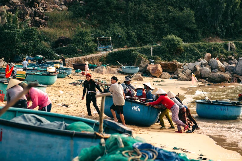 Làng chài thức dậy, ngày mới bắt đầu.