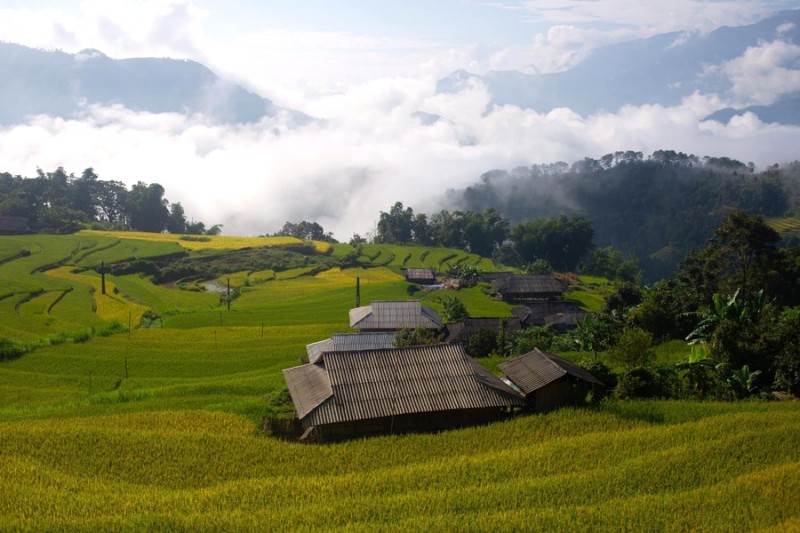 Lúc 7 giờ sáng, không gian Mùa vàng rạng rỡ trong làn sương sớm, những dải mây bồng bềnh như níu giữ vẻ đẹp nơi đây.