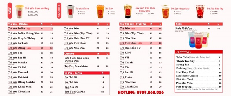 Menu đồ uống tại Trà sữa Fu Tea