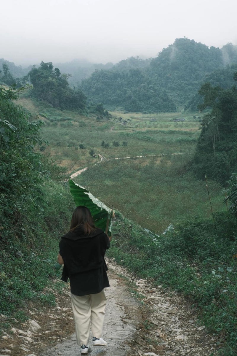 Đường trơn trượt vì trời mưa, nhóm đi khó khăn.