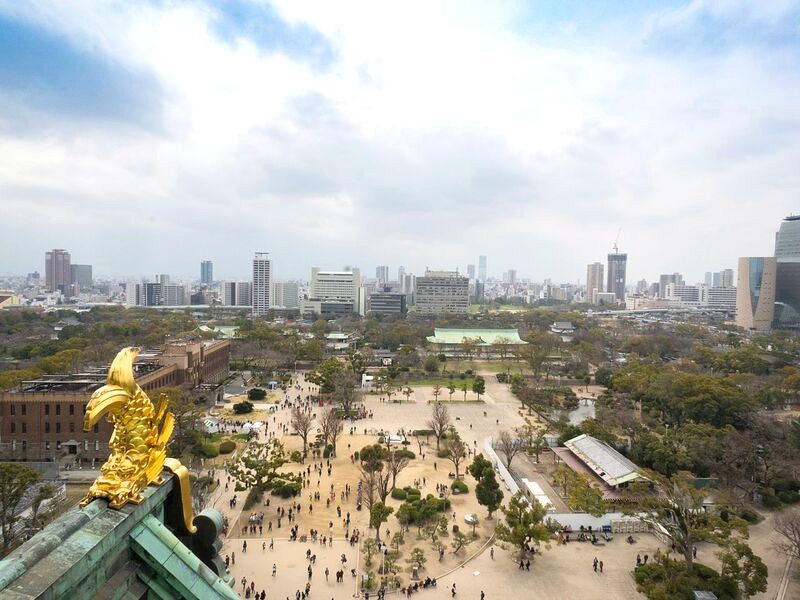 Shachihoko vàng trên tháp Osaka.