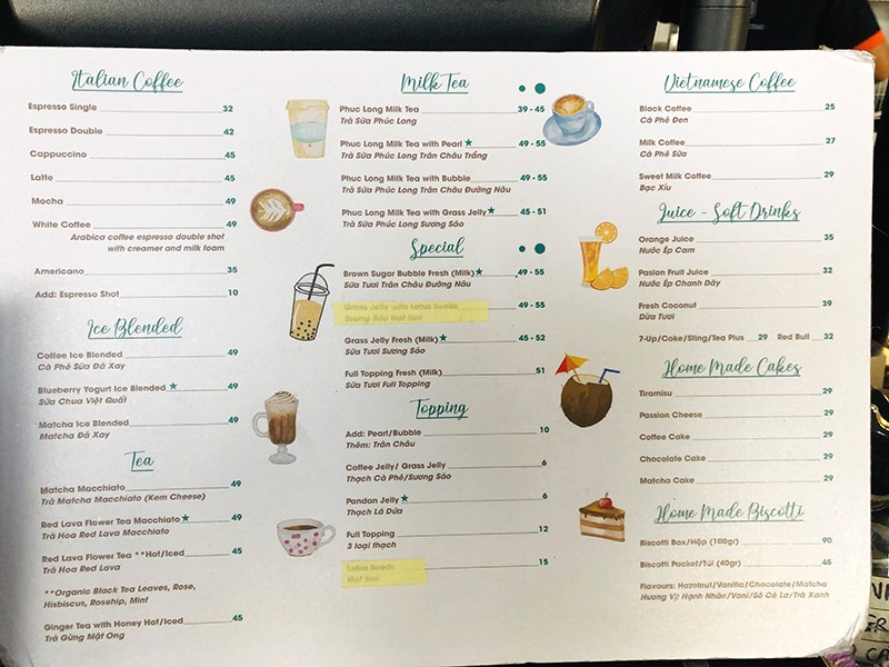 Menu Soho Coffee đa dạng lựa chọn.