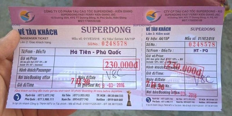 Vé phà có đầy đủ thông tin chuyến đi.