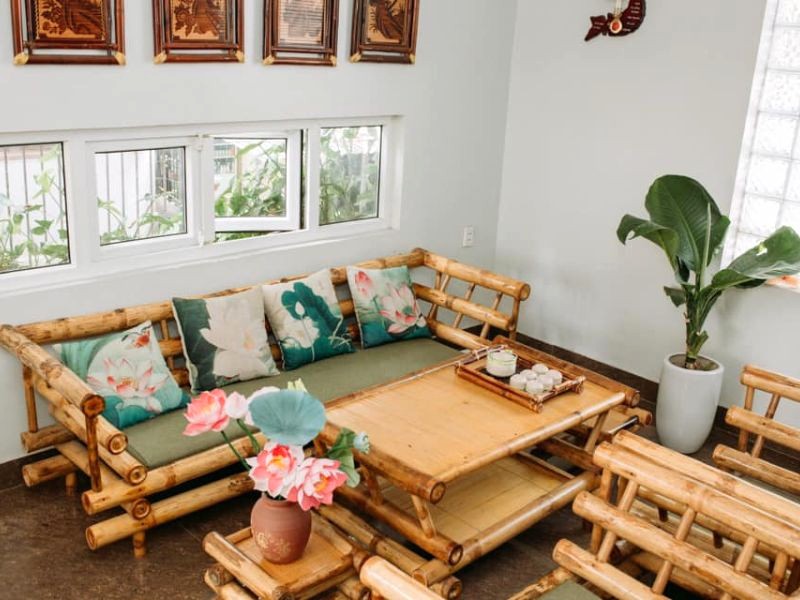 Bamboo Homestay mang phong cách mộc mạc, lấy cảm hứng từ tre, nứa, sen.