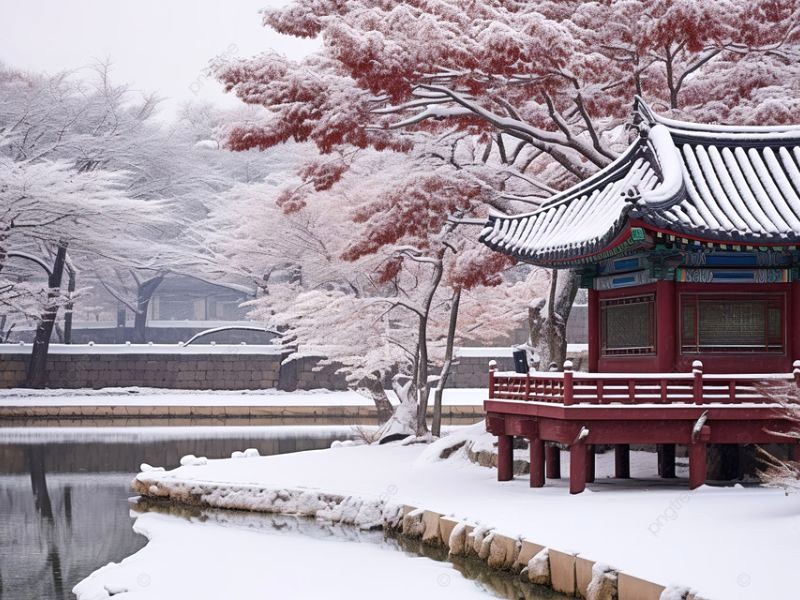 Gyeongbokgung phủ tuyết trắng, mái đỏ cong vút. (Ảnh: Pngtree)