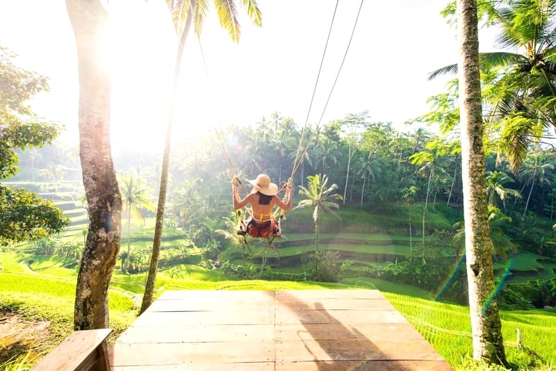 Bali Swing thêm phần ấn tượng trên nền ruộng bậc thang Tegalalang.