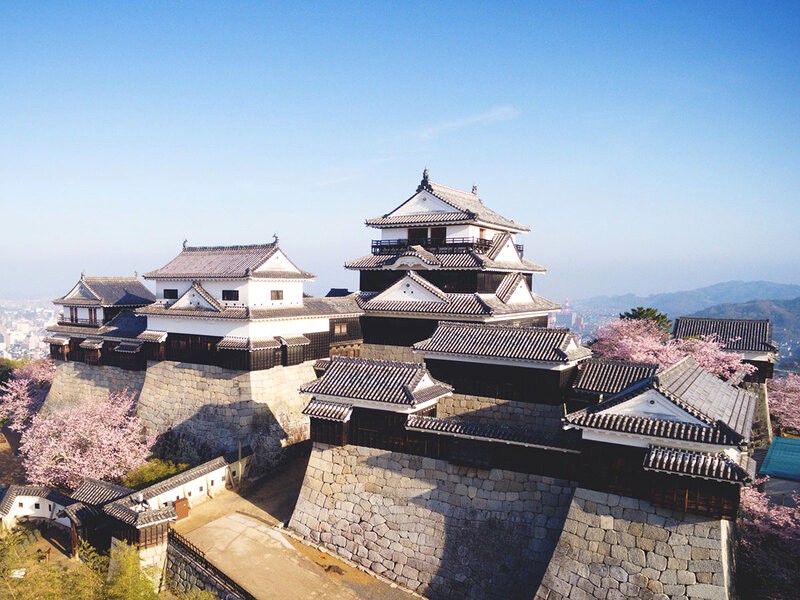 Lâu đài Matsuyama, tọa lạc trên đỉnh Đồi Katsuyama, sở hữu vị trí phòng thủ vững chắc trên vùng núi bằng phẳng.