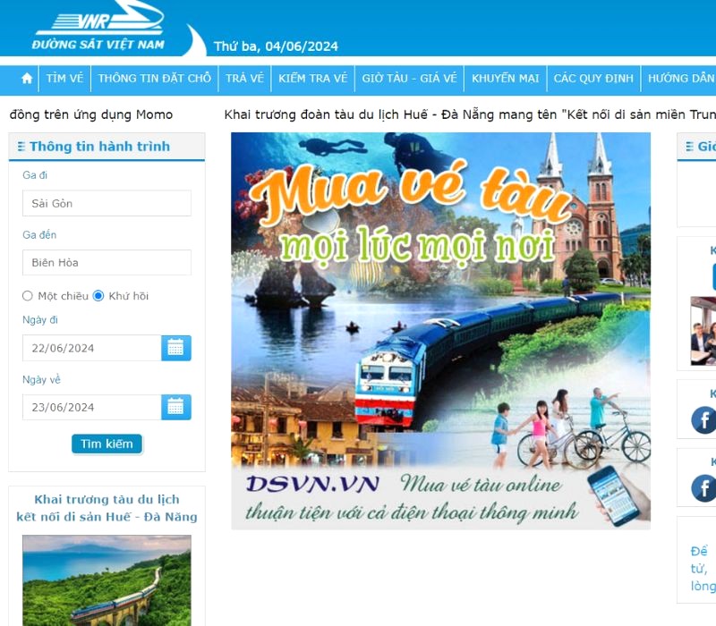Đặt vé trực tiếp trên website Đường sắt Việt Nam.