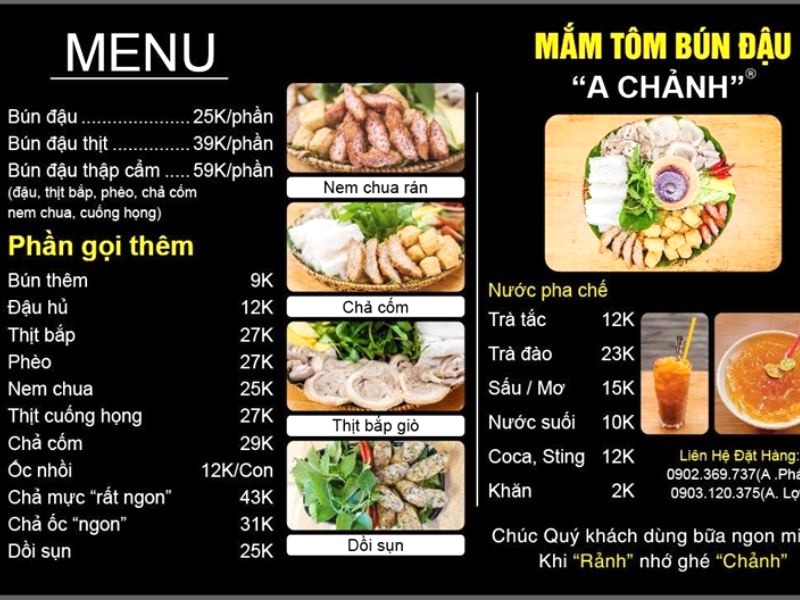 Bún Đậu Mắm Tôm - A Chảnh: Menu tham khảo