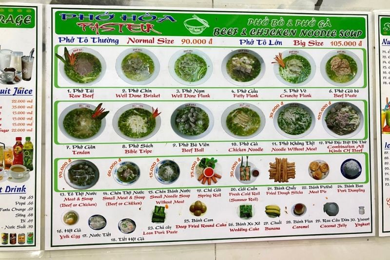 Quán phở Hòa Pasteur nổi tiếng với menu đa dạng, từ phở truyền thống đến tráng miệng, ăn vặt, ăn phụ. (Ảnh: celinemy)