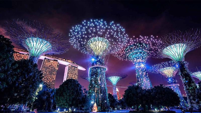 Siêu cây Gardens by the Bay tỏa sáng lung linh, huyền ảo vào buổi tối. (Ảnh: Marinabaysands)