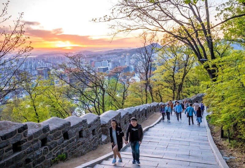 Công viên Namsan rộn ràng mỗi sáng với dòng người tản bộ.