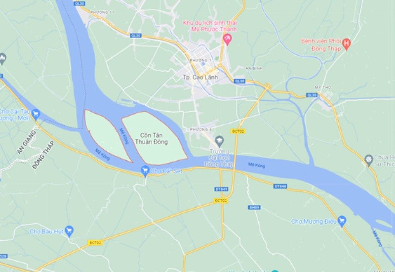 Hai cồn cát Cù Lao Tân Thuận Đông trên Google Maps (Ảnh: nhipcauthuonghieu).